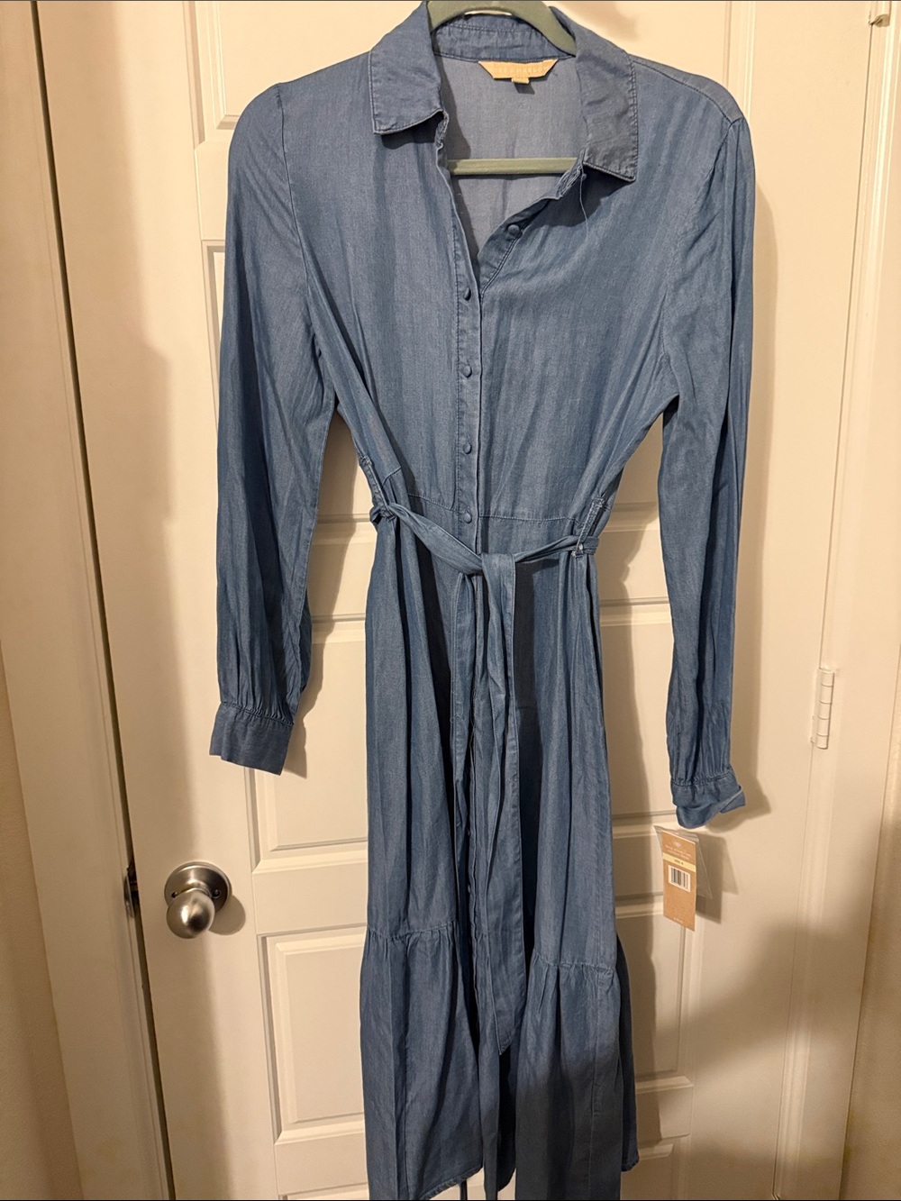 Light Blue Light-Weight Denim/Chambray Tie-Waist Maxi Shirt Dress